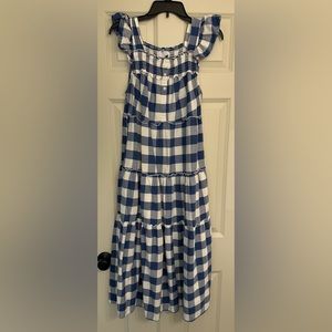 Blue and white checkered tiered maxi dress.